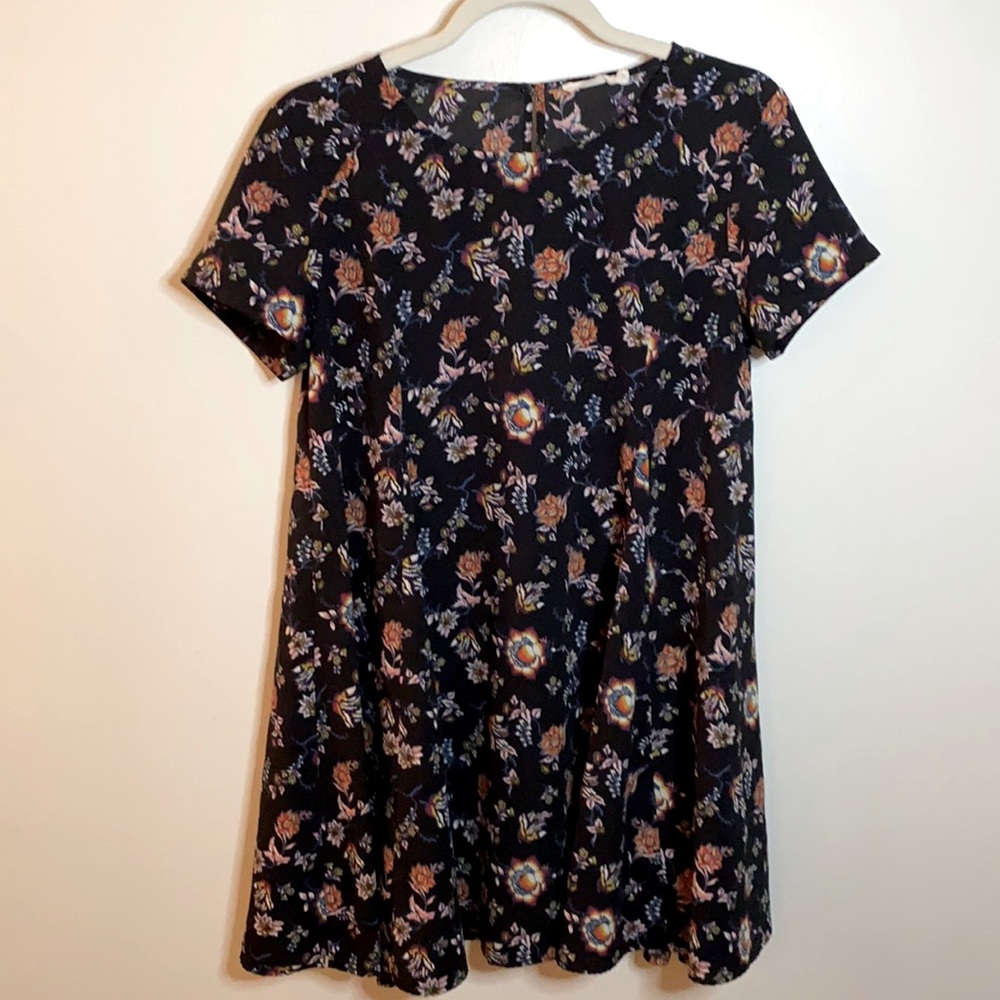 LUSH Short Sleeve Black Floral Babydoll Dress